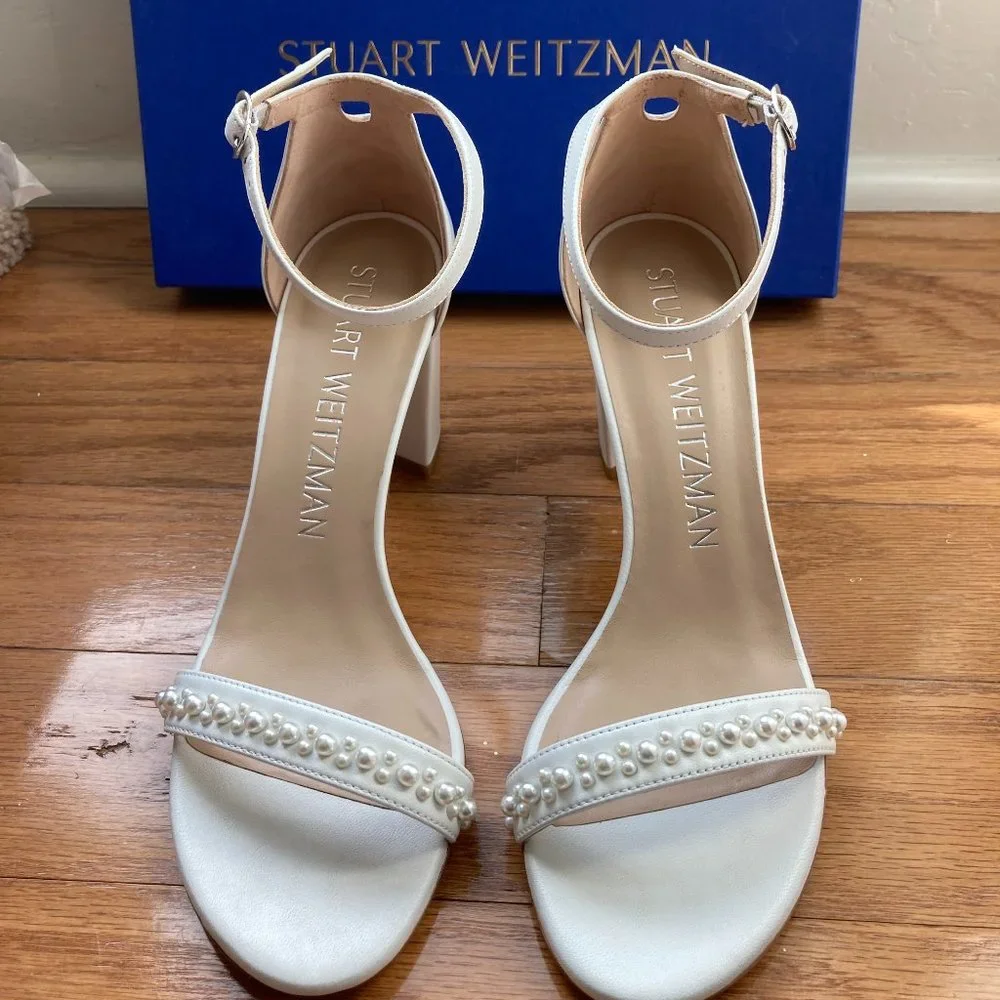 Stuart Weitzman White Pearl-Embellished Ankle Strap Heels